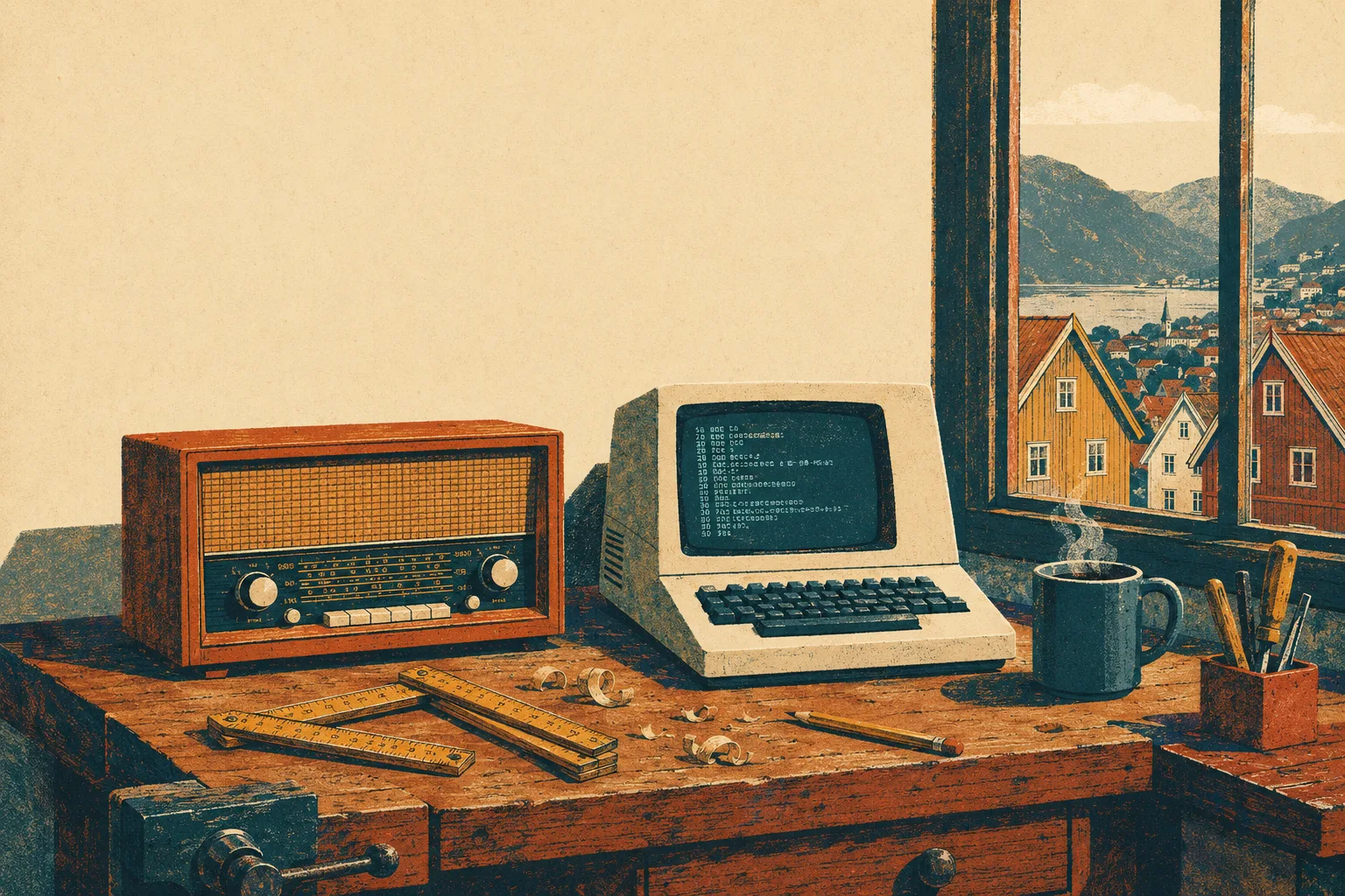 Illustrasjon av en arbeidsbenk med gammel radio, en retro datamaskin med kode på skjermen, kaffe og utsikt mot Bergen