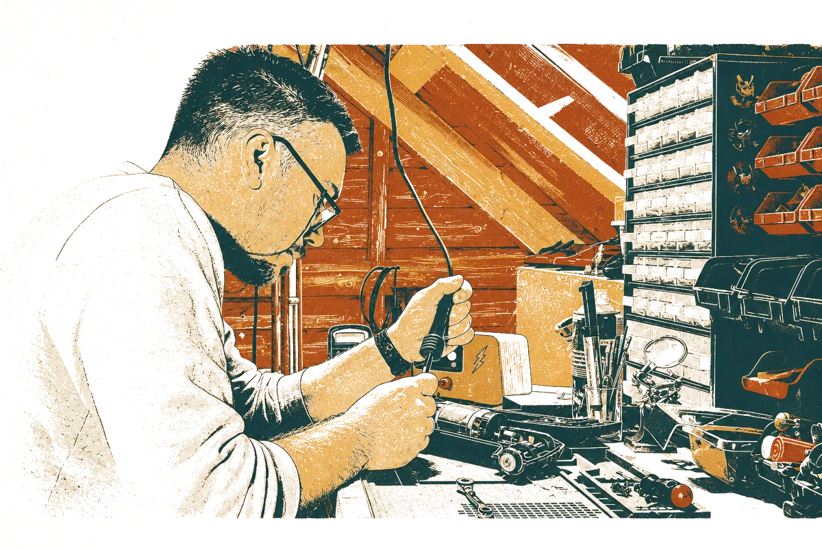 Illustrasjon laget av et ekte bilde: Christian lodder ved arbeidsbenken på loftet